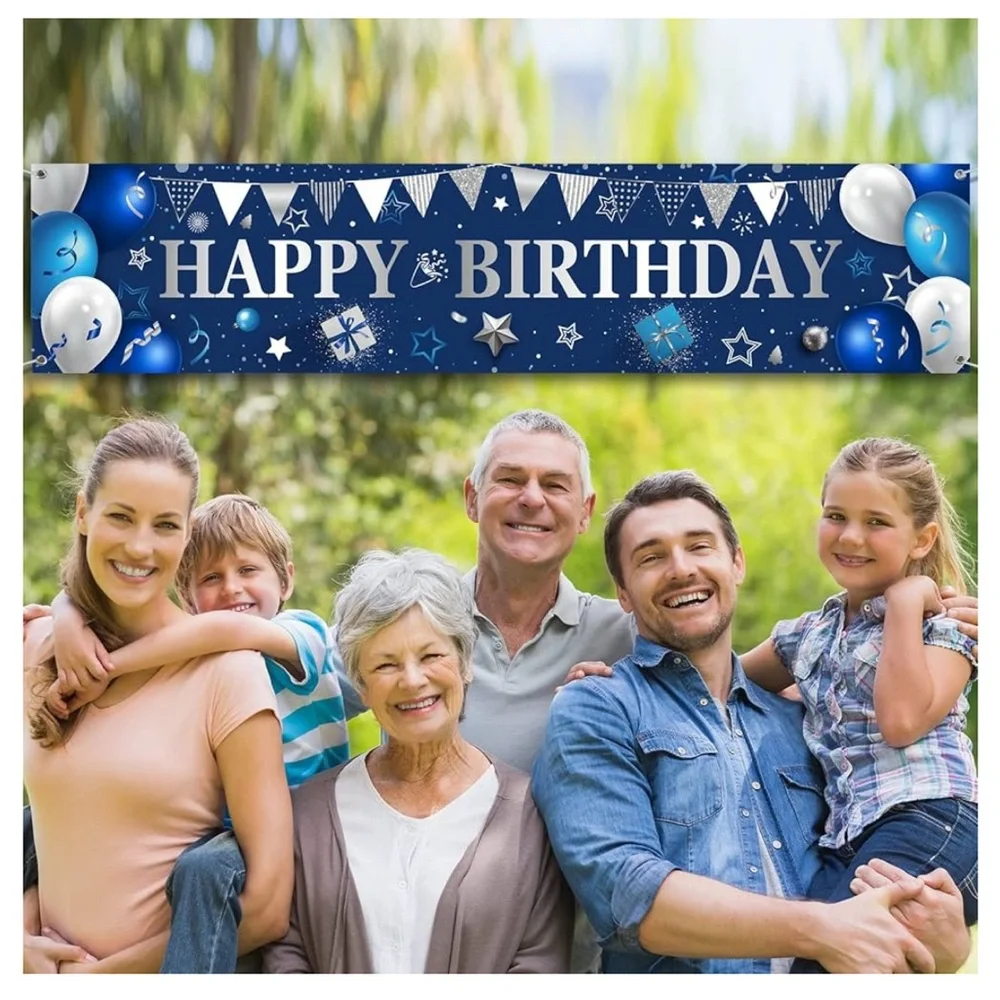 Happy Birthday Silver and Blue banner, 8 x 2,Large Birthday Banners for Outside